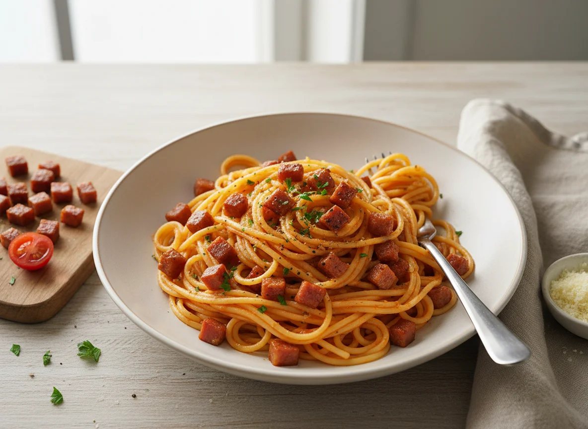Spaghetti mit cremiger Sauce und Speck photo