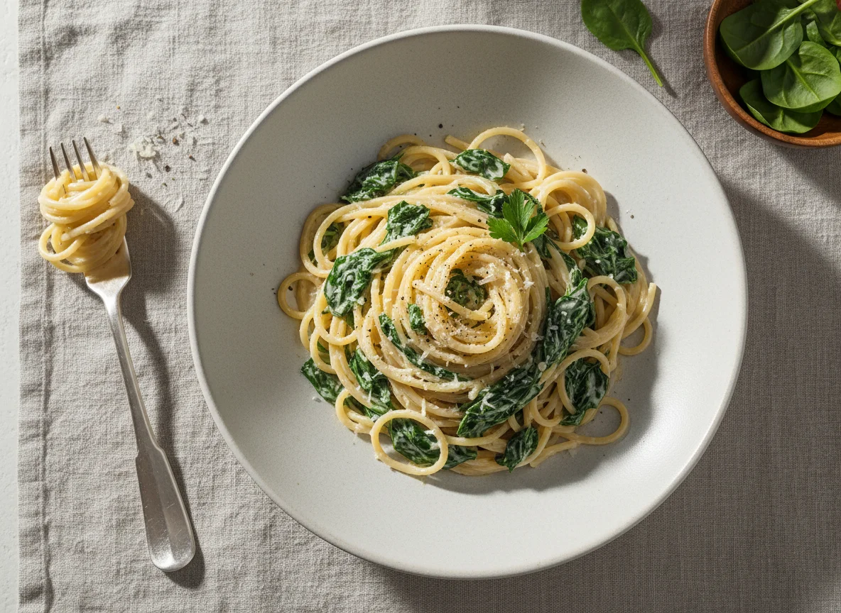 Spaghetti mit cremiger Sauce und Spinat photo