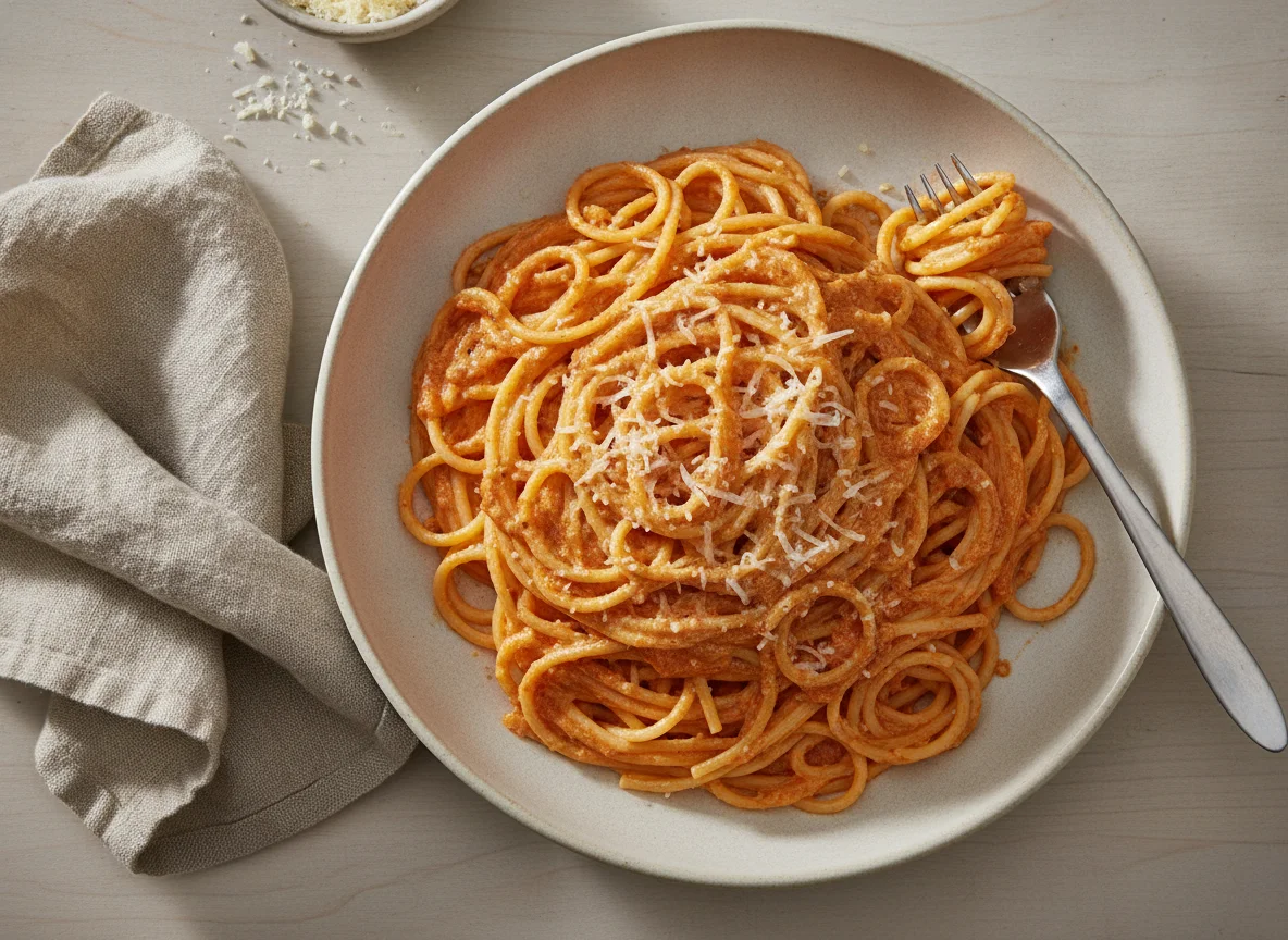 Spaghetti mit cremiger Tomaten-Sahne-Sauce photo