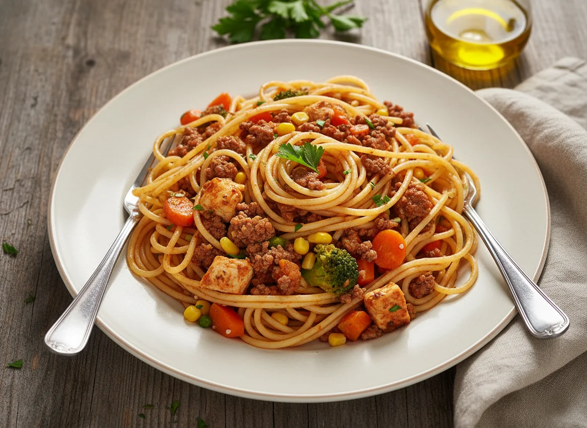 Spaghetti mit Faschiertem und Gemüse photo