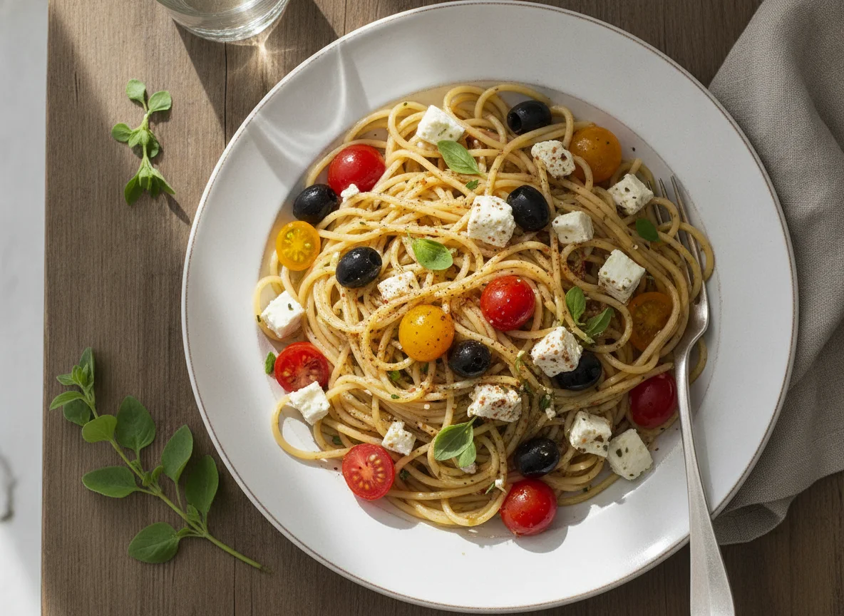 Spaghetti mit Feta, Tomaten und Oliven photo