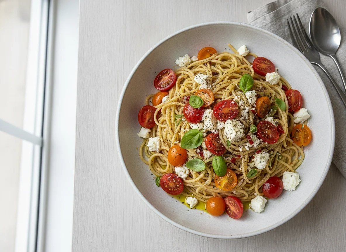 Spaghetti mit Feta und Kirschtomaten photo