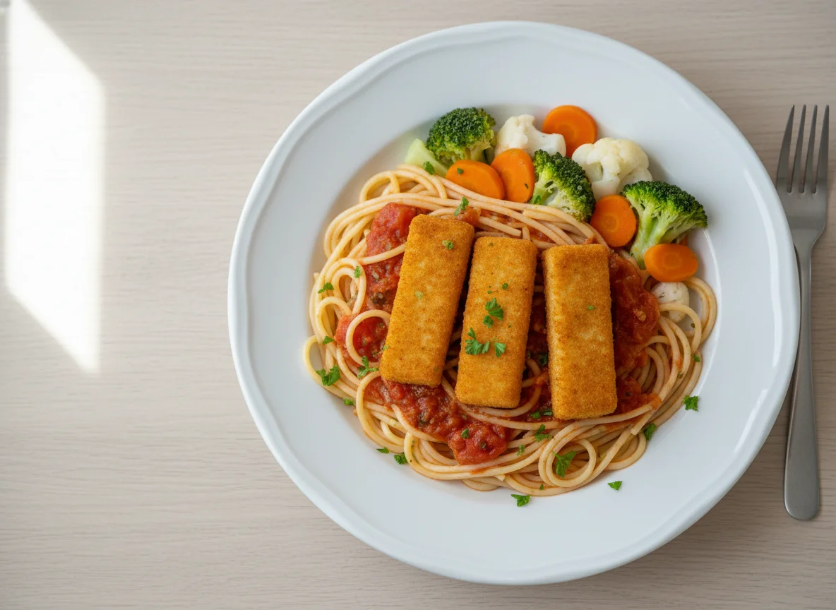 Spaghetti mit Fischstäbchen und Gemüse photo