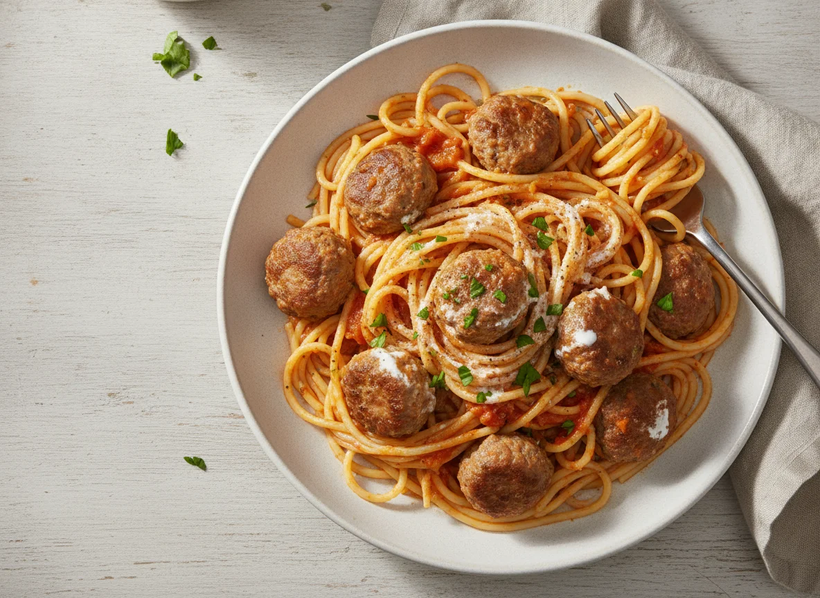 Spaghetti mit Fleischbällchen in Tomaten-Sahnesauce photo