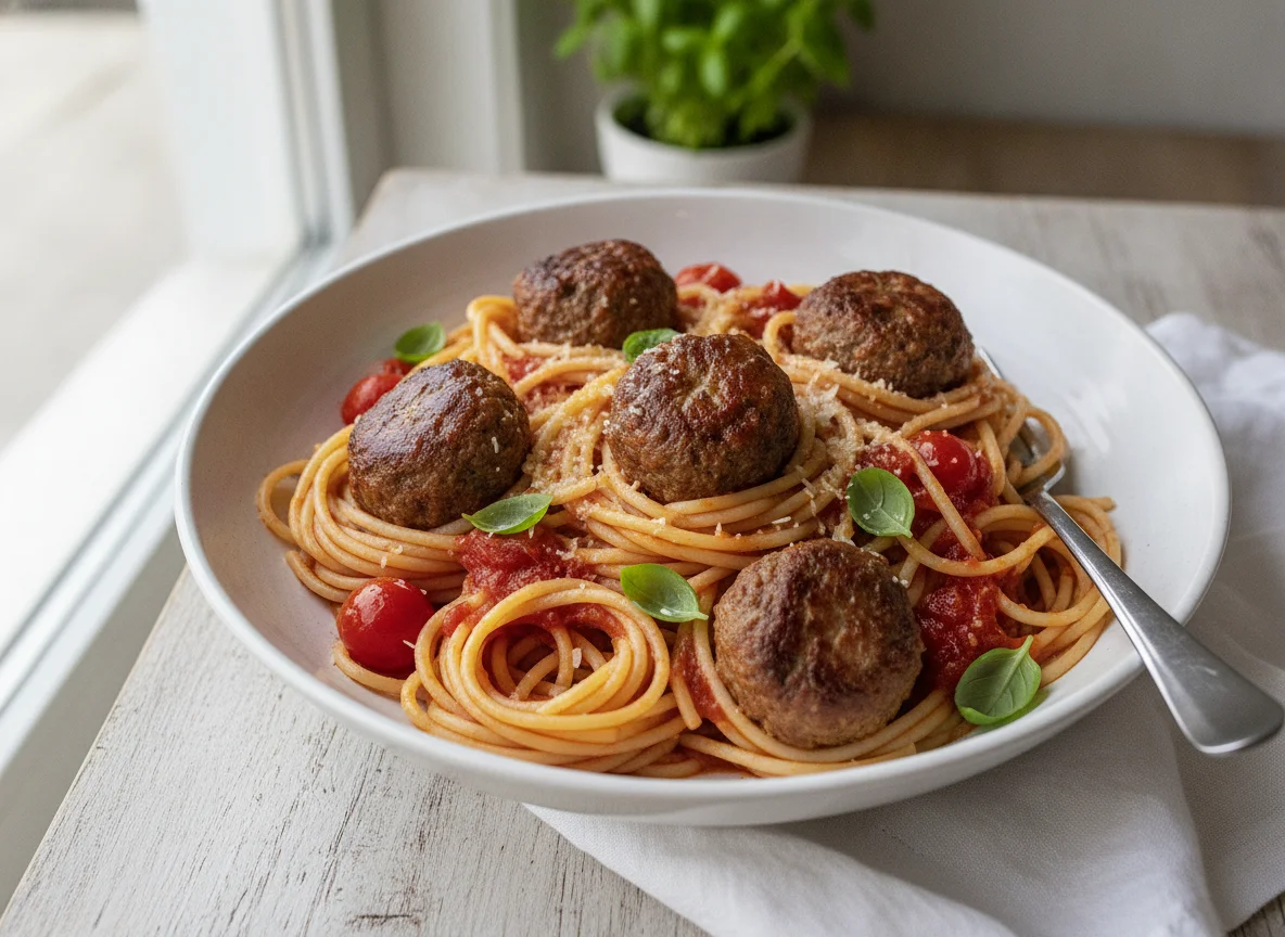Spaghetti mit Fleischbällchen in Tomatensauce photo