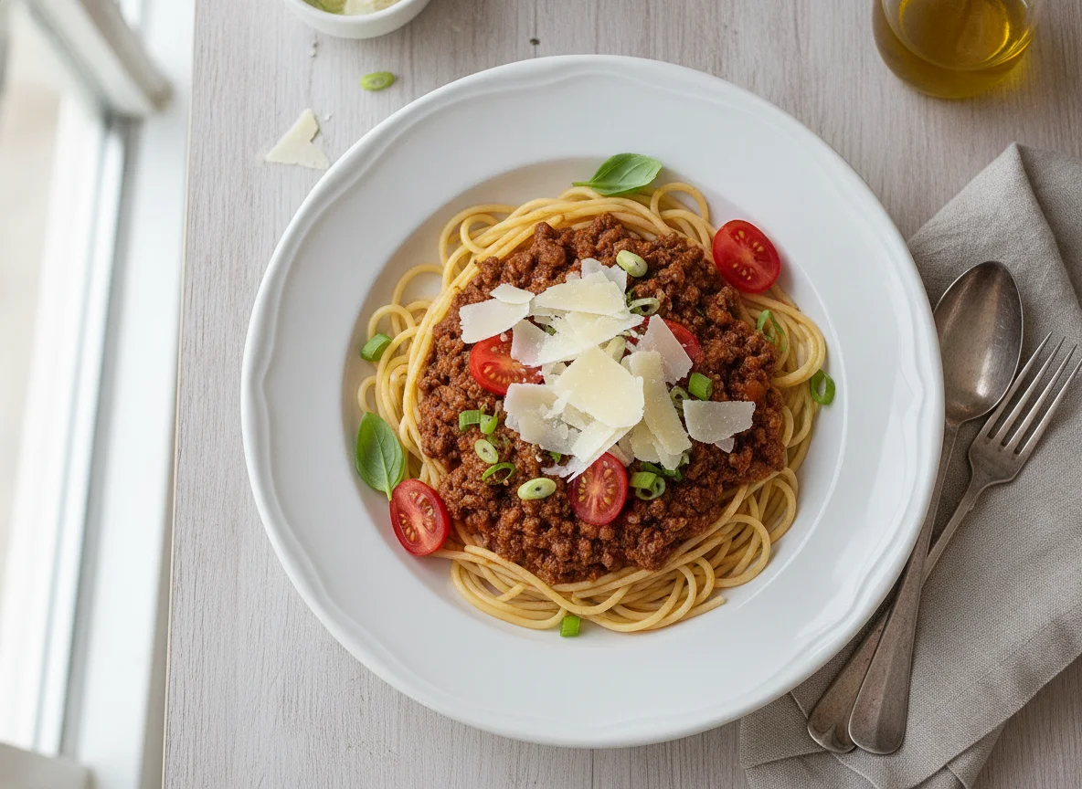 Spaghetti mit Fleischsauce und Parmesan photo