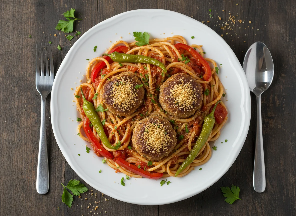 Spaghetti mit Frikadellen und Gemüse photo