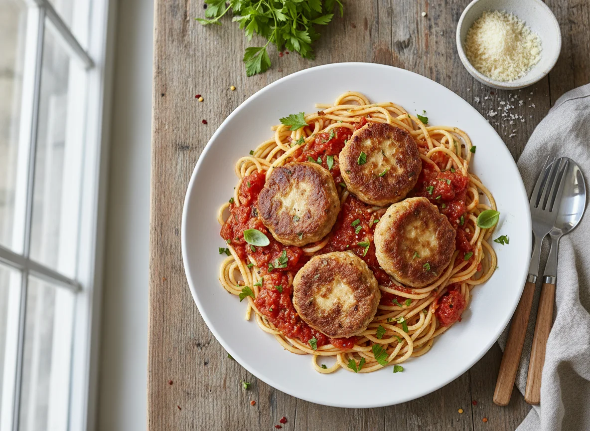 Spaghetti mit Frikadellen und Tomatensauce photo
