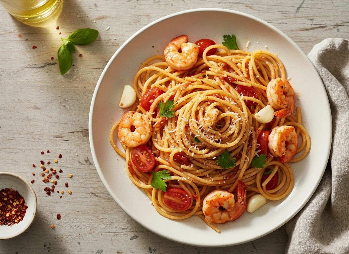 Spaghetti mit Garnelen photo