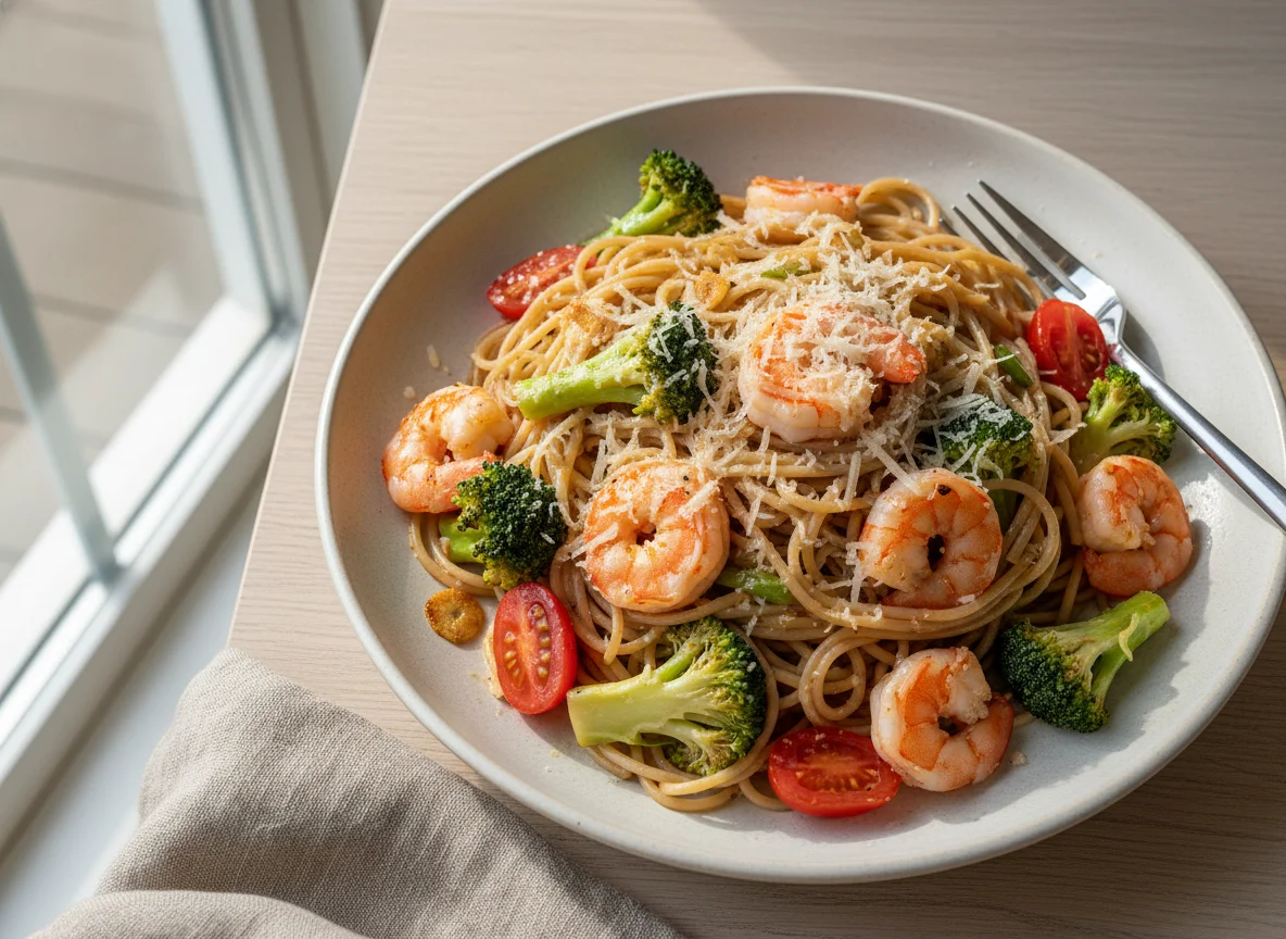 Spaghetti mit Garnelen, Brokkoli und Parmesan photo