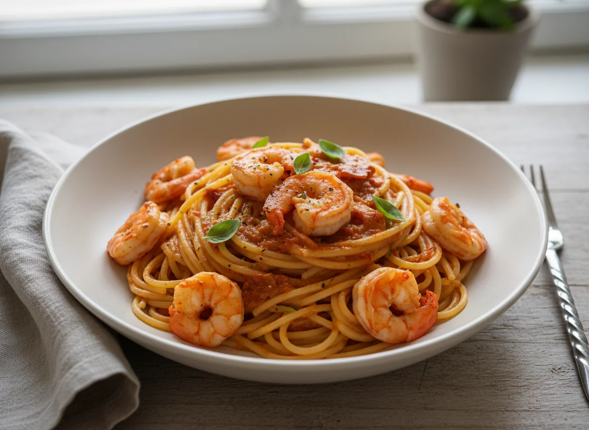 Spaghetti mit Garnelen in cremiger Tomatensauce photo