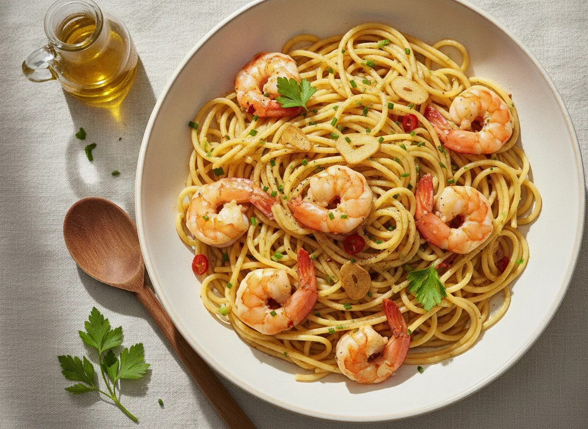Spaghetti mit Garnelen in Knoblauch-Öl-Sauce photo