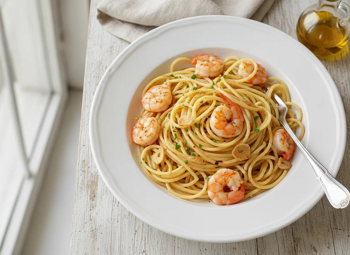 Spaghetti mit Garnelen in Sahnesauce photo