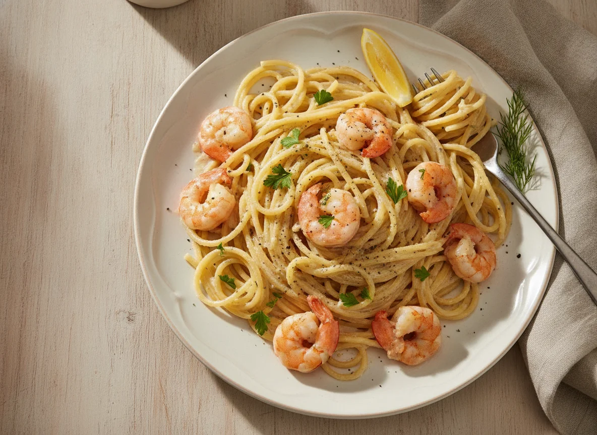Spaghetti mit Garnelen in Sahnesoße photo