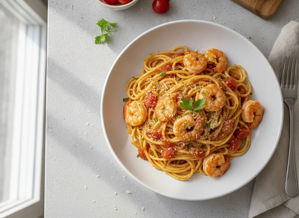 Spaghetti mit Garnelen in Tomaten-Sahnesauce photo