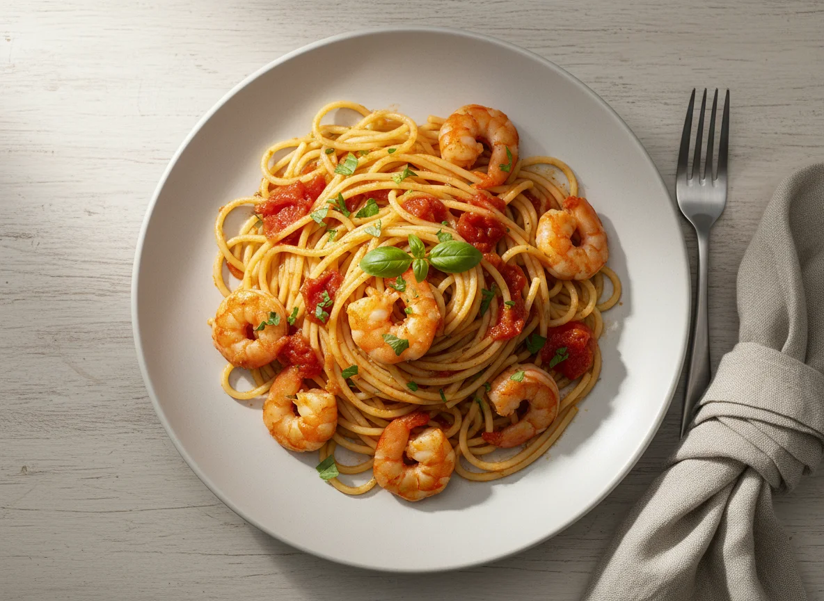 Spaghetti mit Garnelen in Tomatensauce photo