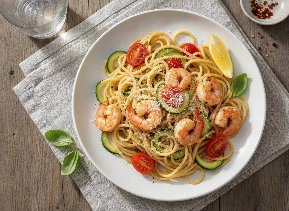 Spaghetti mit Garnelen und Gemüse photo