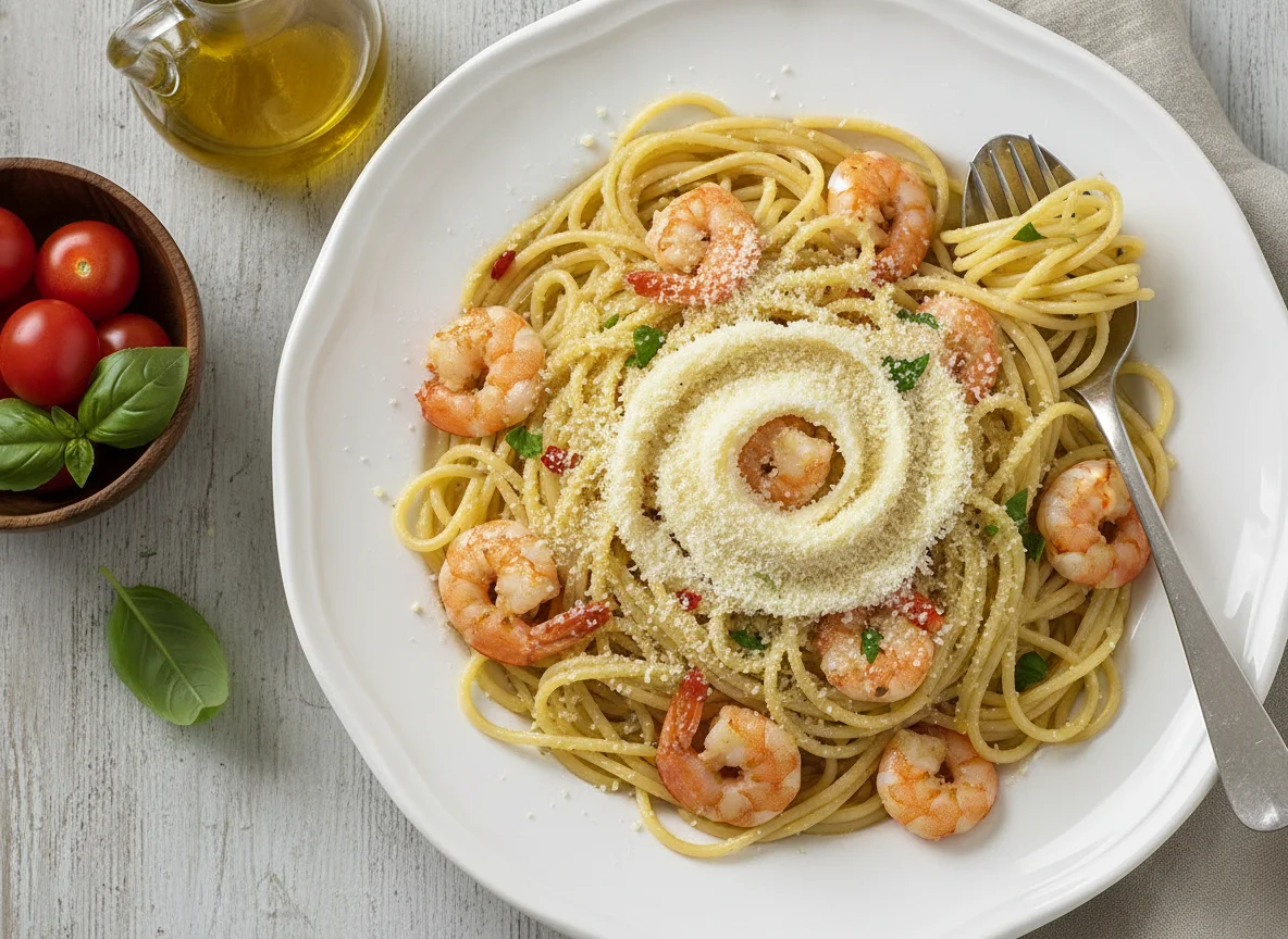 Spaghetti mit Garnelen und Käse photo