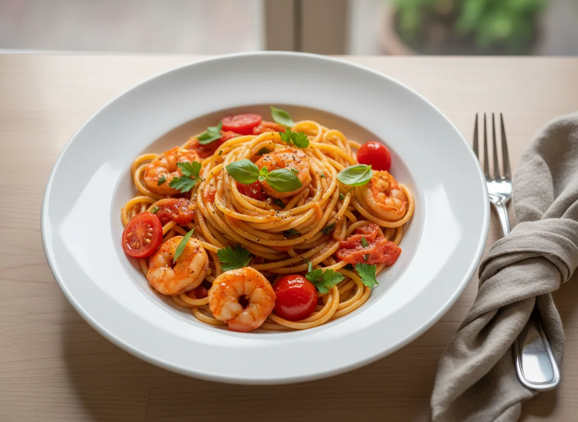 Spaghetti mit Garnelen und Kirschtomaten photo