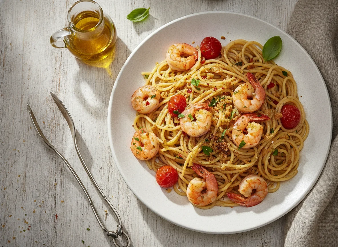 Spaghetti mit Garnelen und Knoblauch-Öl photo