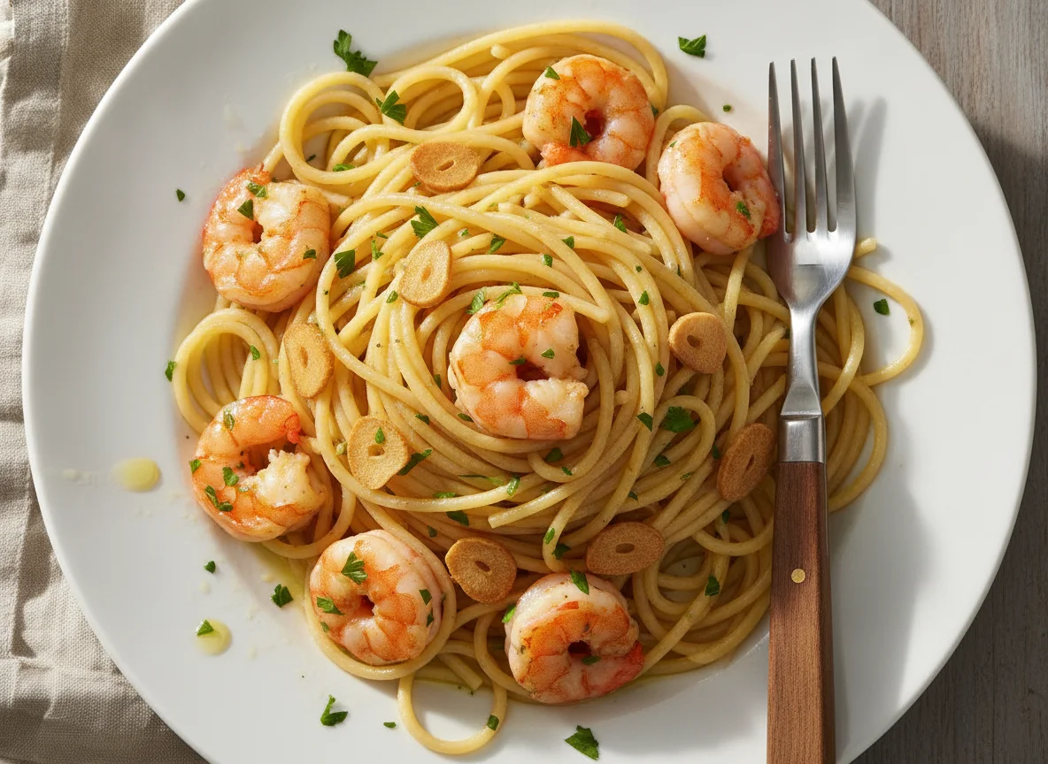 Spaghetti mit Garnelen und Knoblauch-Öl-Sauce photo