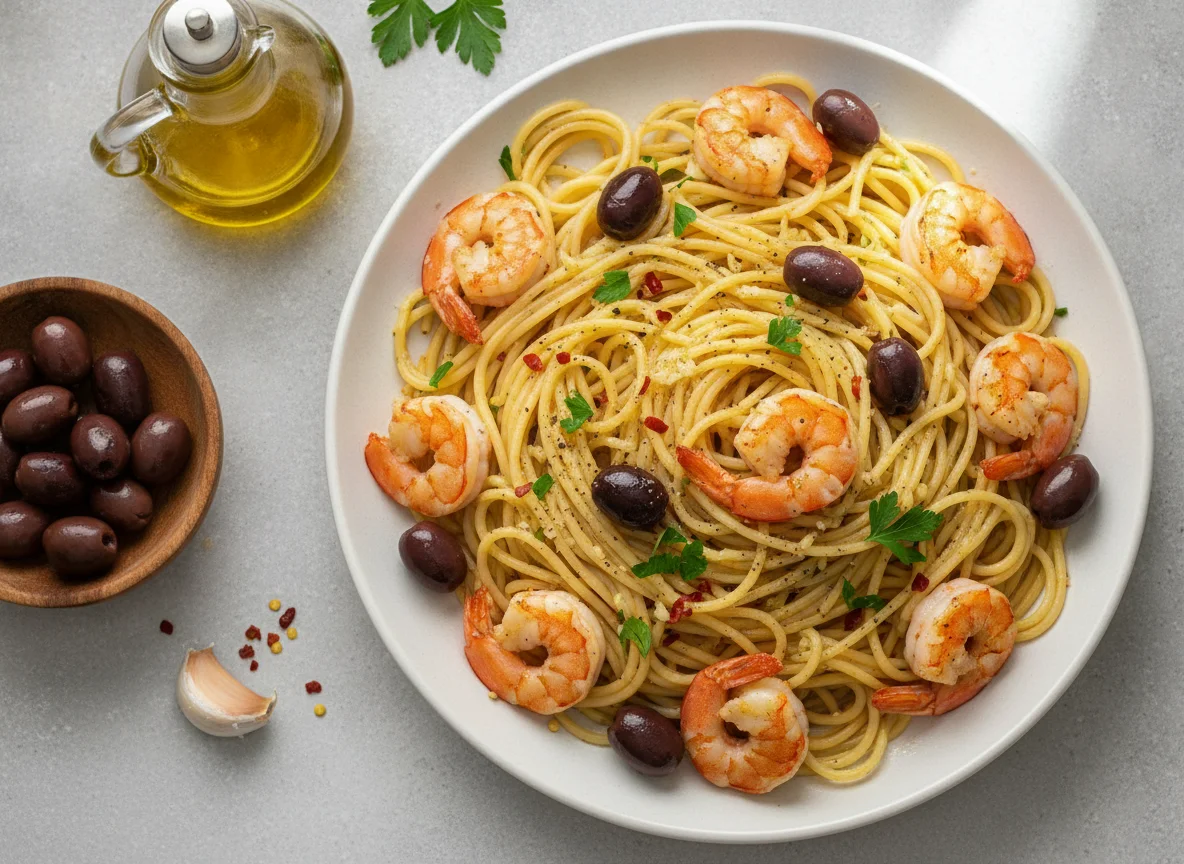 Spaghetti mit Garnelen und Oliven photo