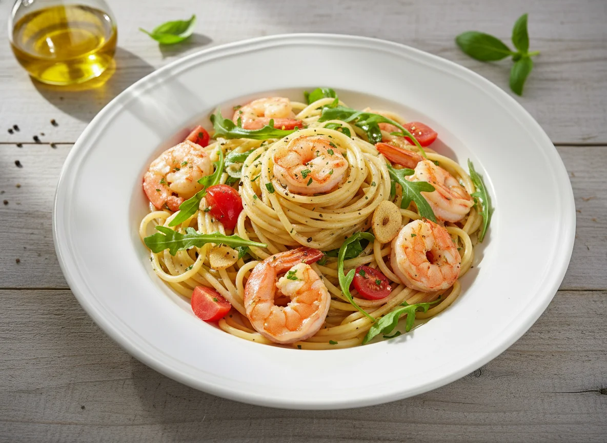 Spaghetti mit Garnelen und Rucola photo