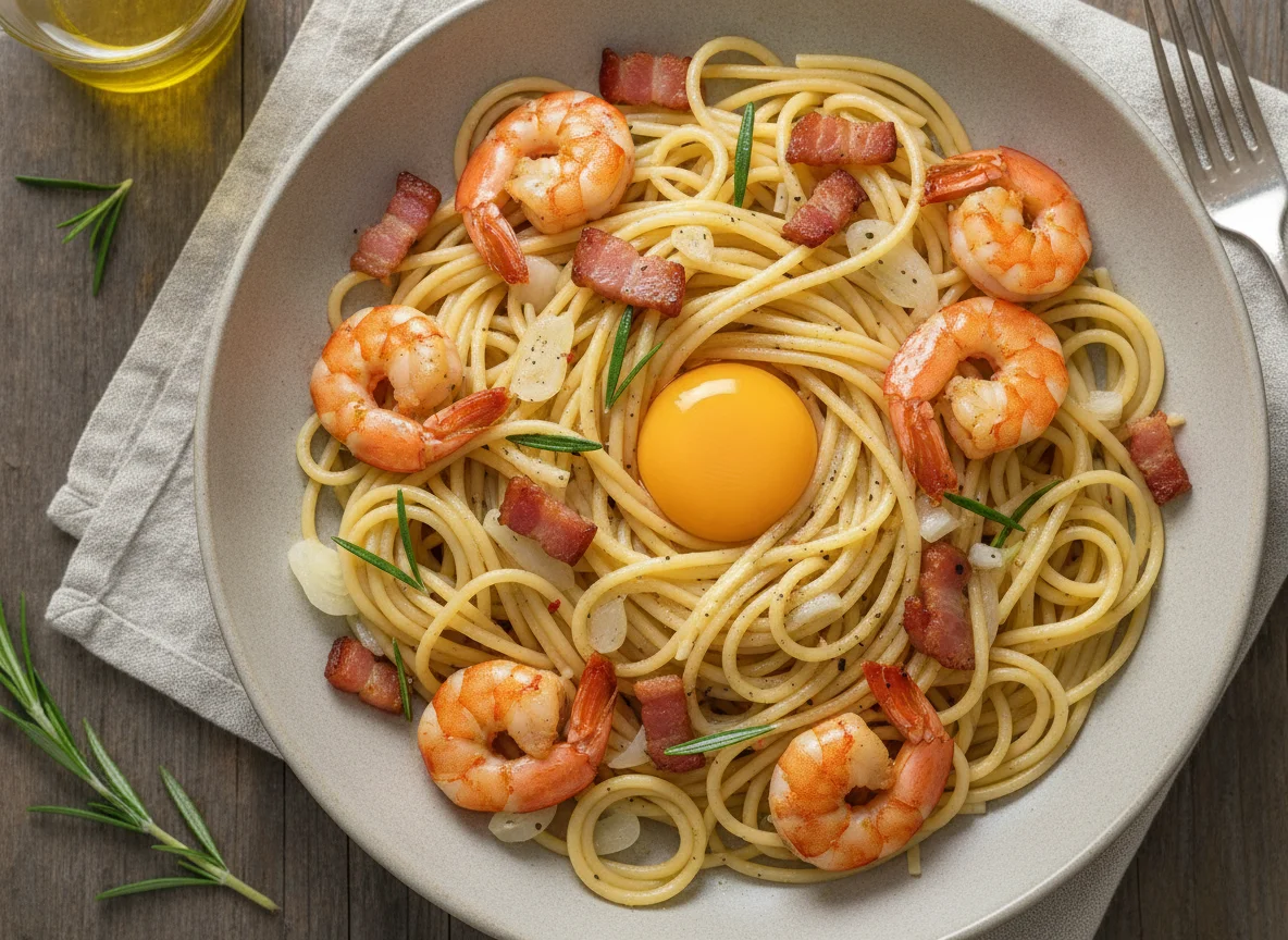 Spaghetti mit Garnelen und Speck photo