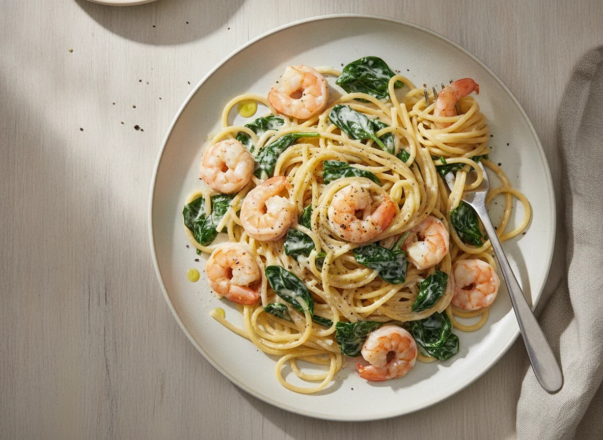 Spaghetti mit Garnelen und Spinat photo