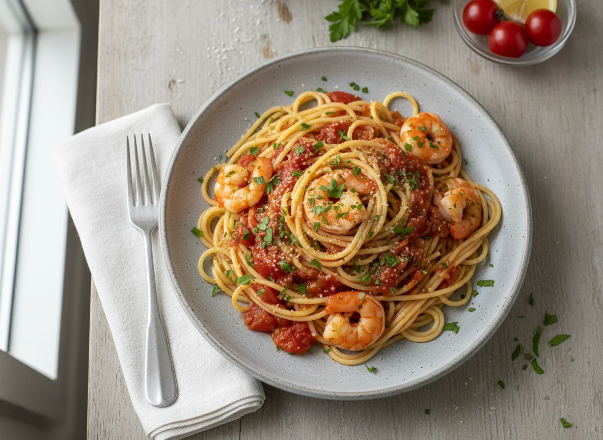 Spaghetti mit Garnelen und Tomatensauce photo