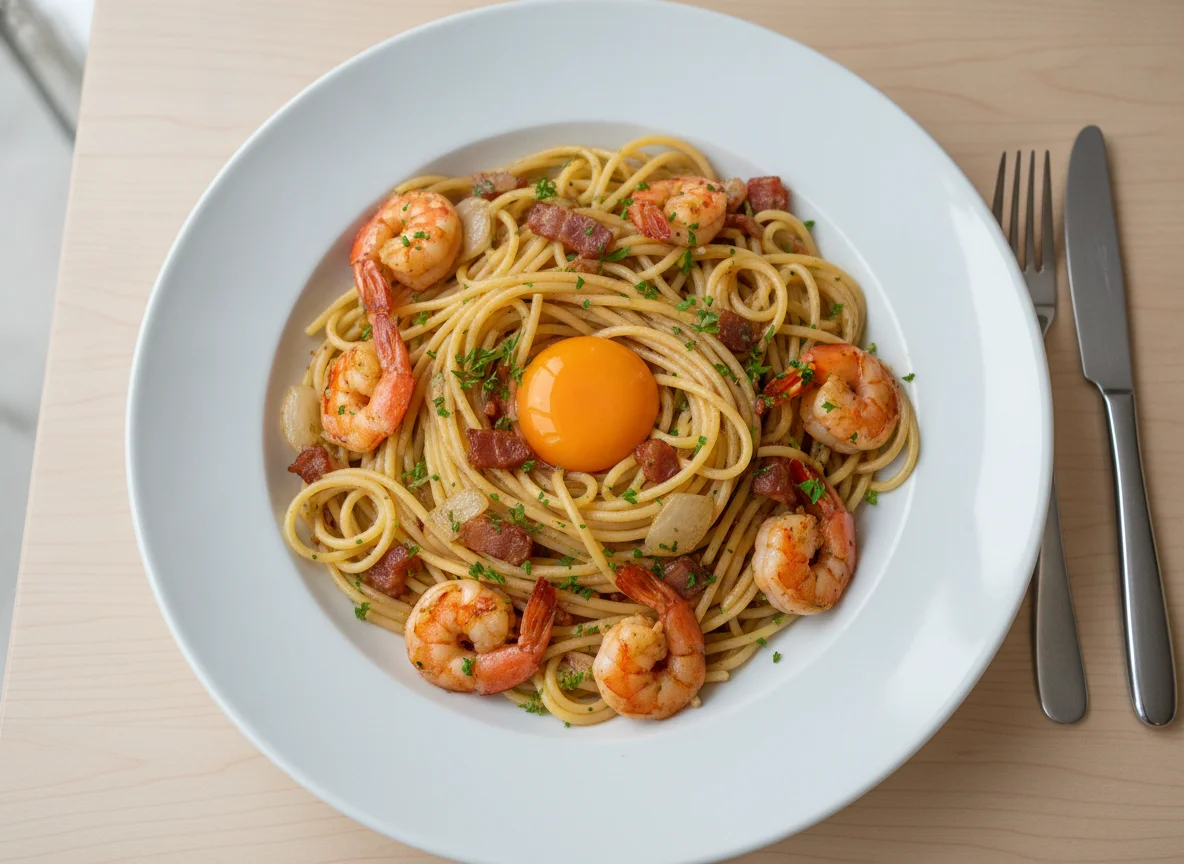 Spaghetti mit Garnelengröstl photo