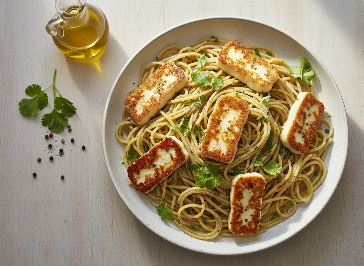 Spaghetti mit gebratenem Halloumi und Kräutern photo