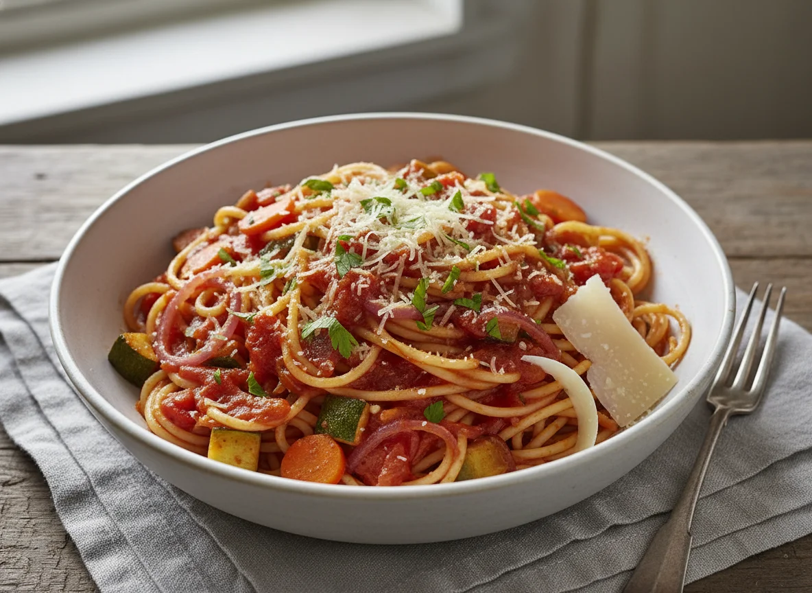 Spaghetti mit Gemüsesauce und Käse photo