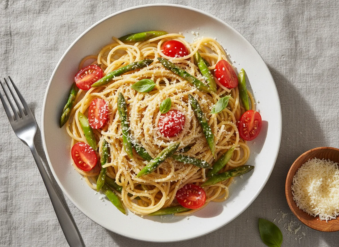 Spaghetti mit grünem Spargel und Kirschtomaten photo