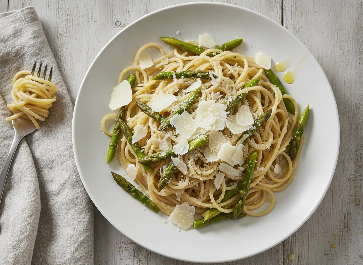 Spaghetti mit grünem Spargel und Parmesan photo