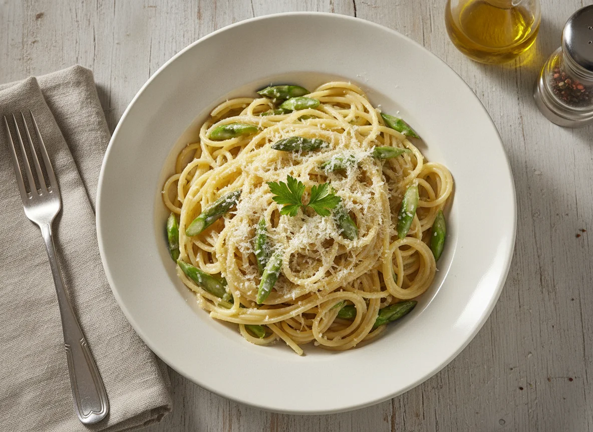 Spaghetti mit grünem Spargel und Sahnesauce photo