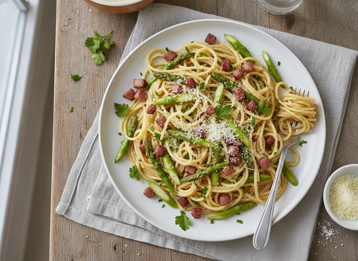 Spaghetti mit grünem Spargel und Speck photo