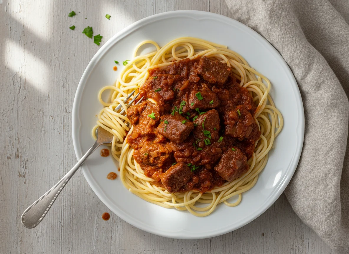 Spaghetti mit Gulasch photo