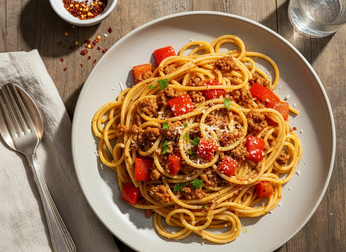 Spaghetti mit Hackfleisch und Paprika photo