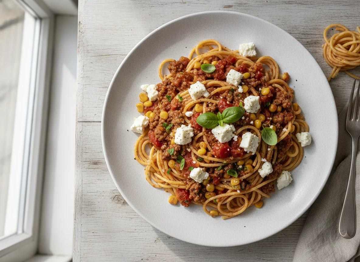 Spaghetti mit Hackfleisch-Mais-Sauce photo