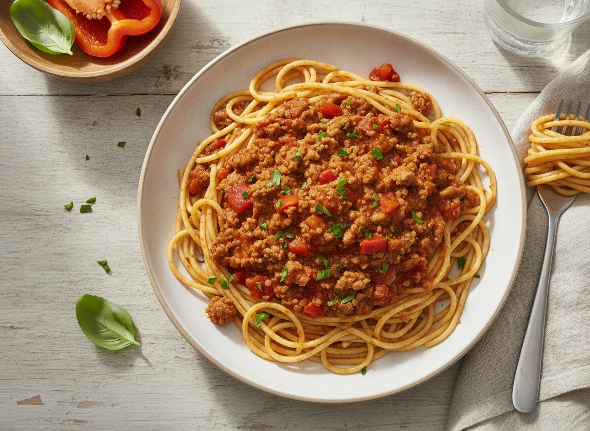 Spaghetti mit Hackfleisch-Paprika-Sauce photo