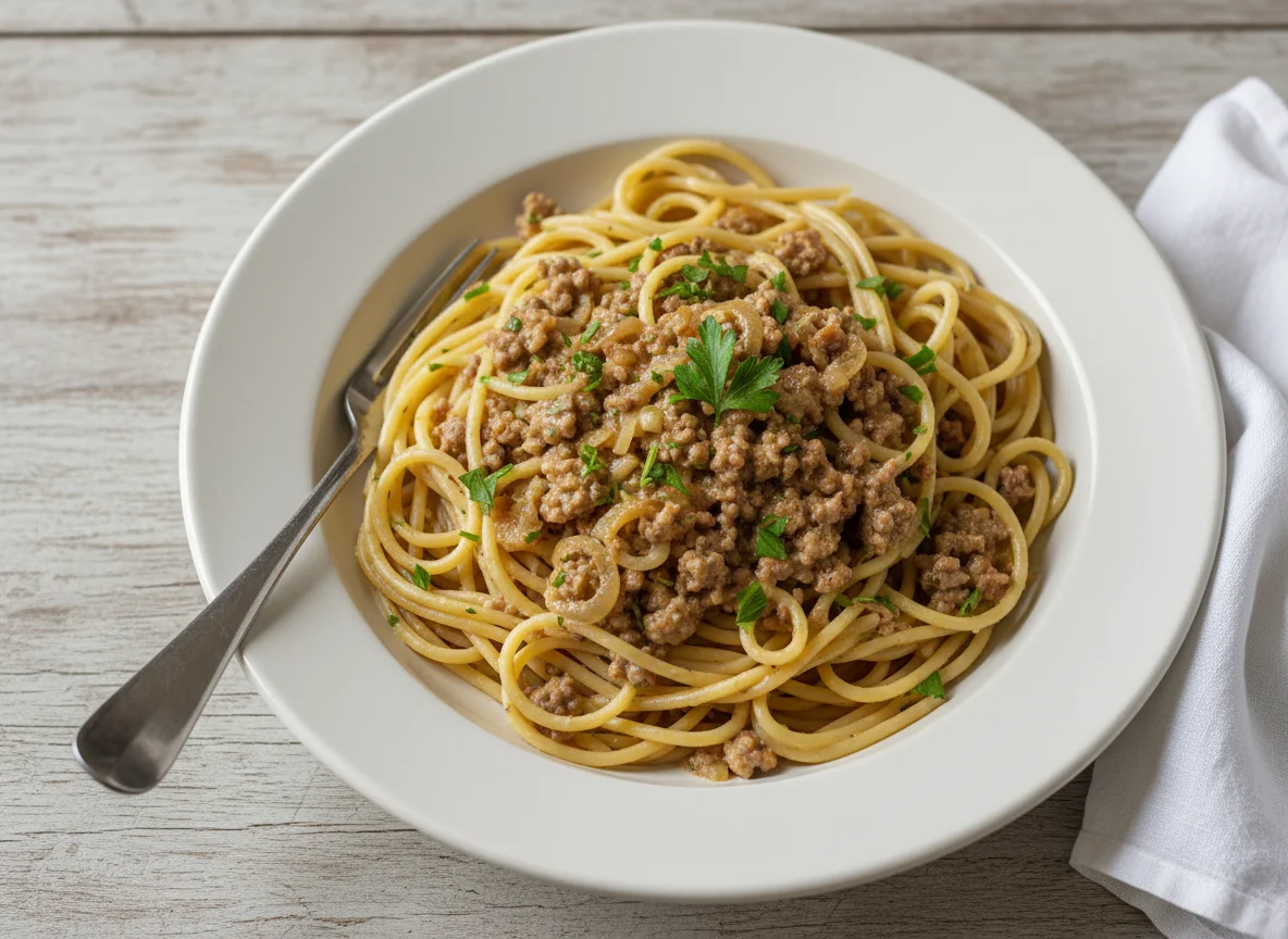 Spaghetti mit Hackfleisch-Sahnesauce photo
