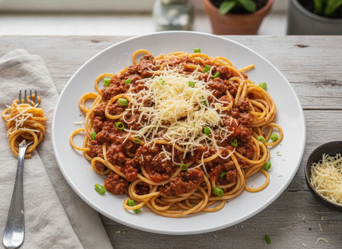 Spaghetti mit Hackfleischsauce und Käse photo