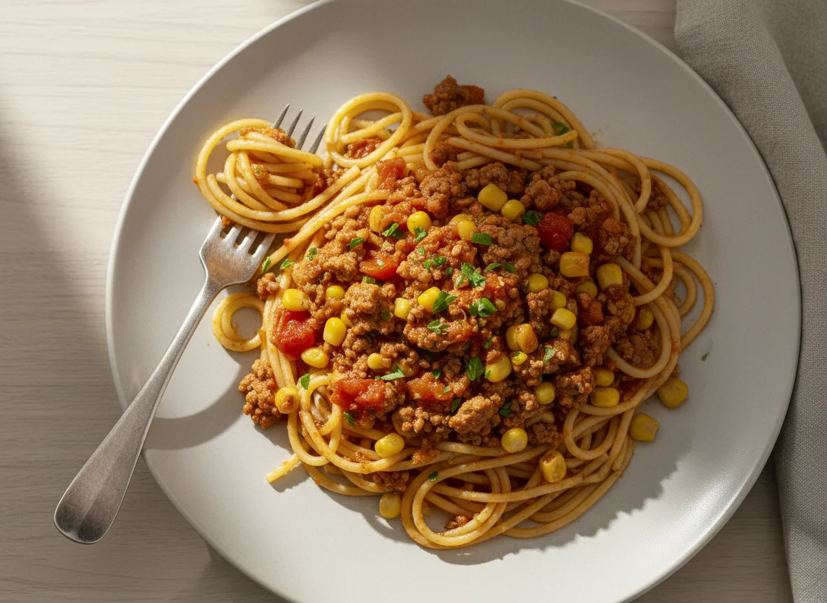 Spaghetti mit Hackfleischsauce und Mais photo