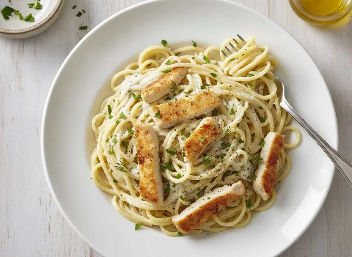 Spaghetti mit Hähnchen in Sahnesauce photo