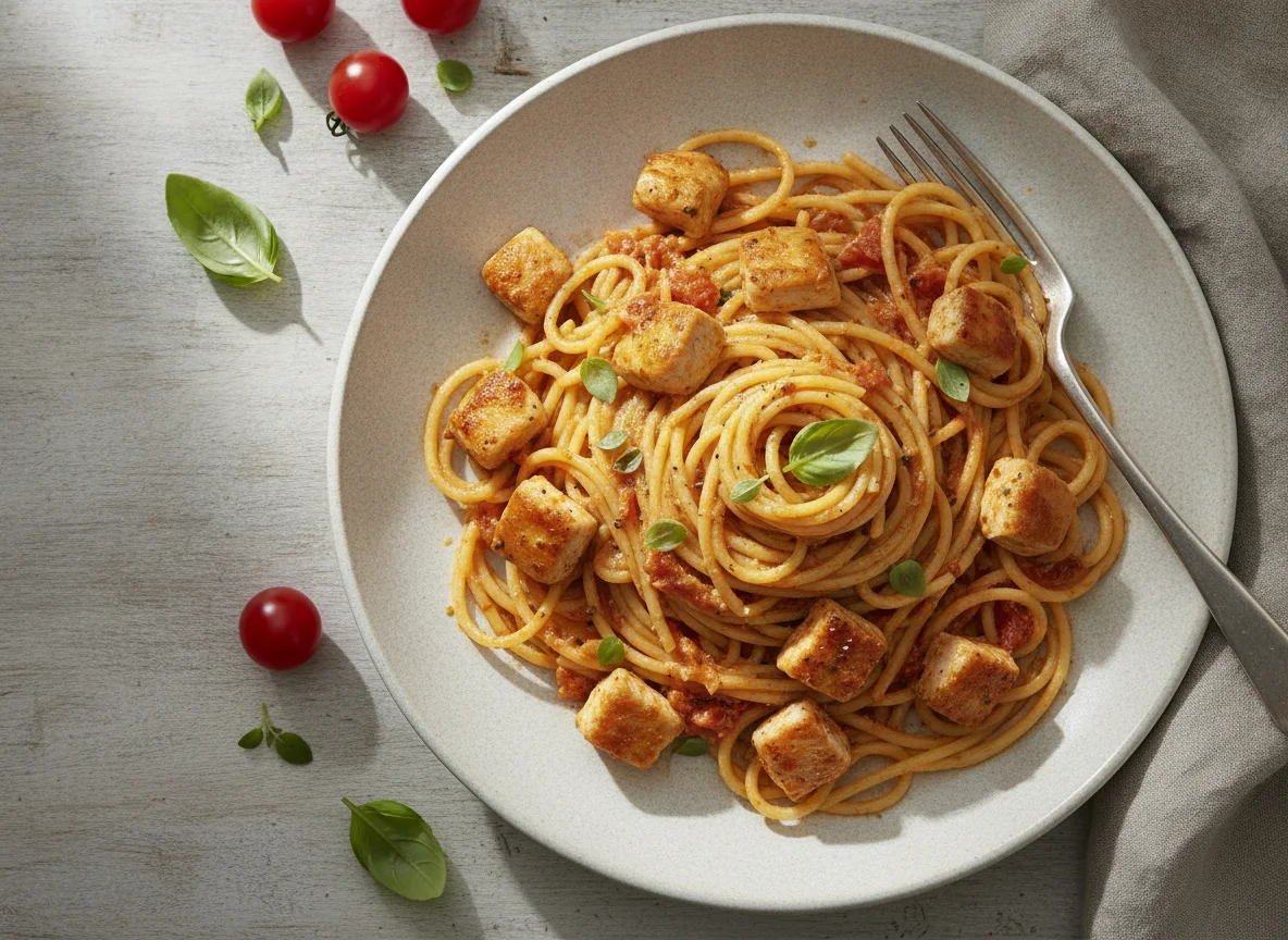 Spaghetti mit Hähnchen in Tomaten-Sahnesauce photo