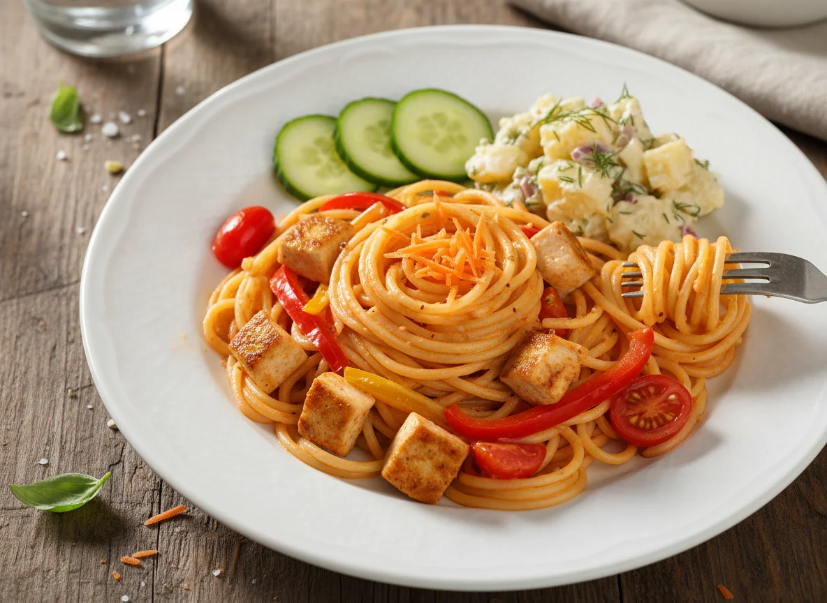 Spaghetti mit Hähnchen und Beilagen photo