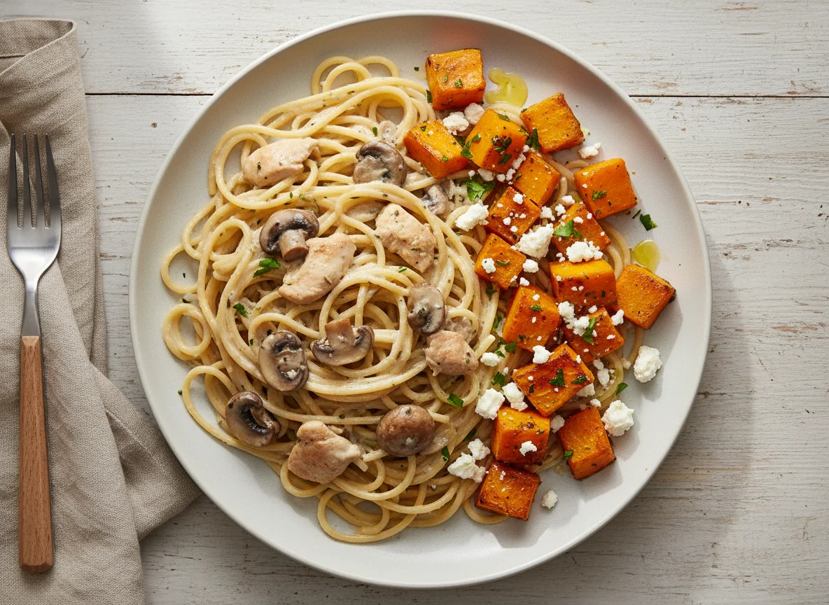 Spaghetti mit Hähnchen-Pilz-Sahnesauce und geröstetem Kürbis mit Feta photo