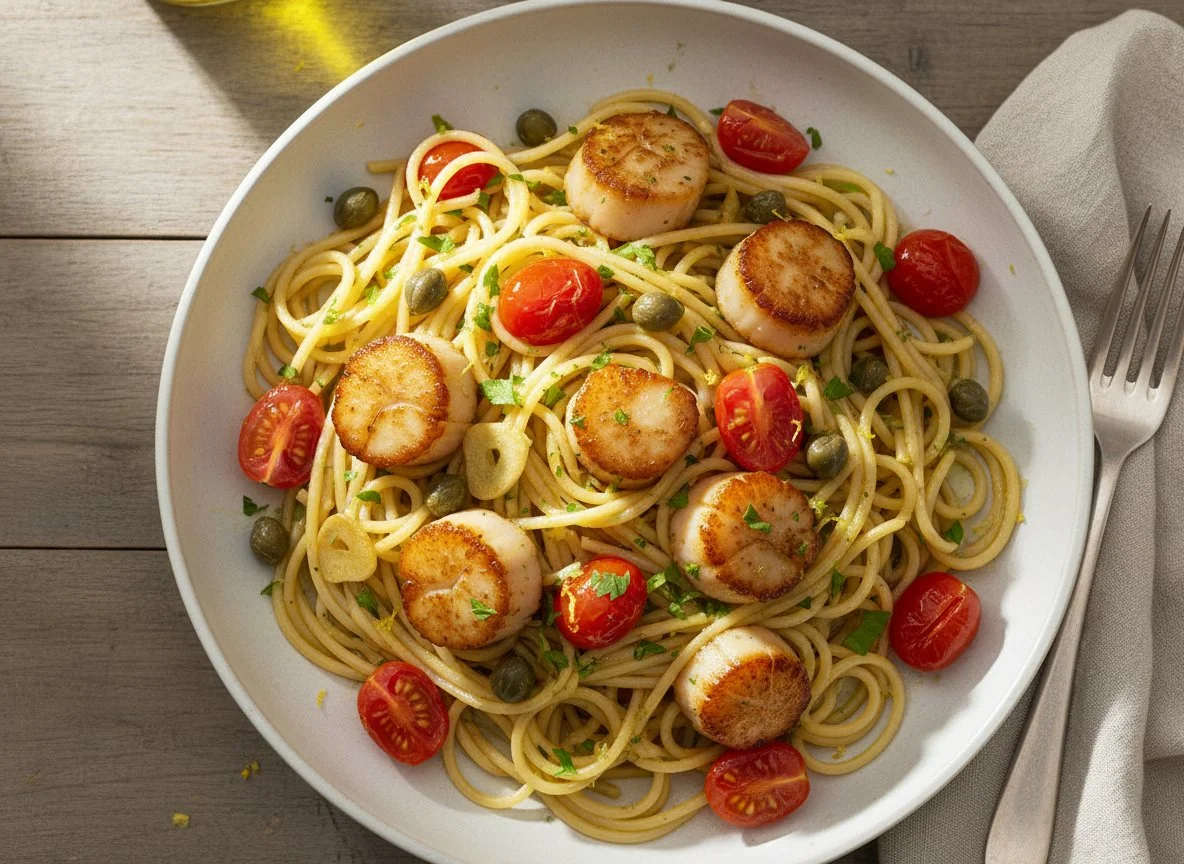 Spaghetti mit Jakobsmuscheln, Kapern und Kirschtomaten photo