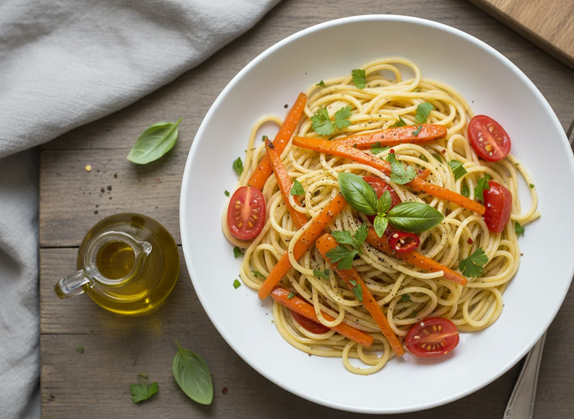 Spaghetti mit Karotten und Tomaten photo